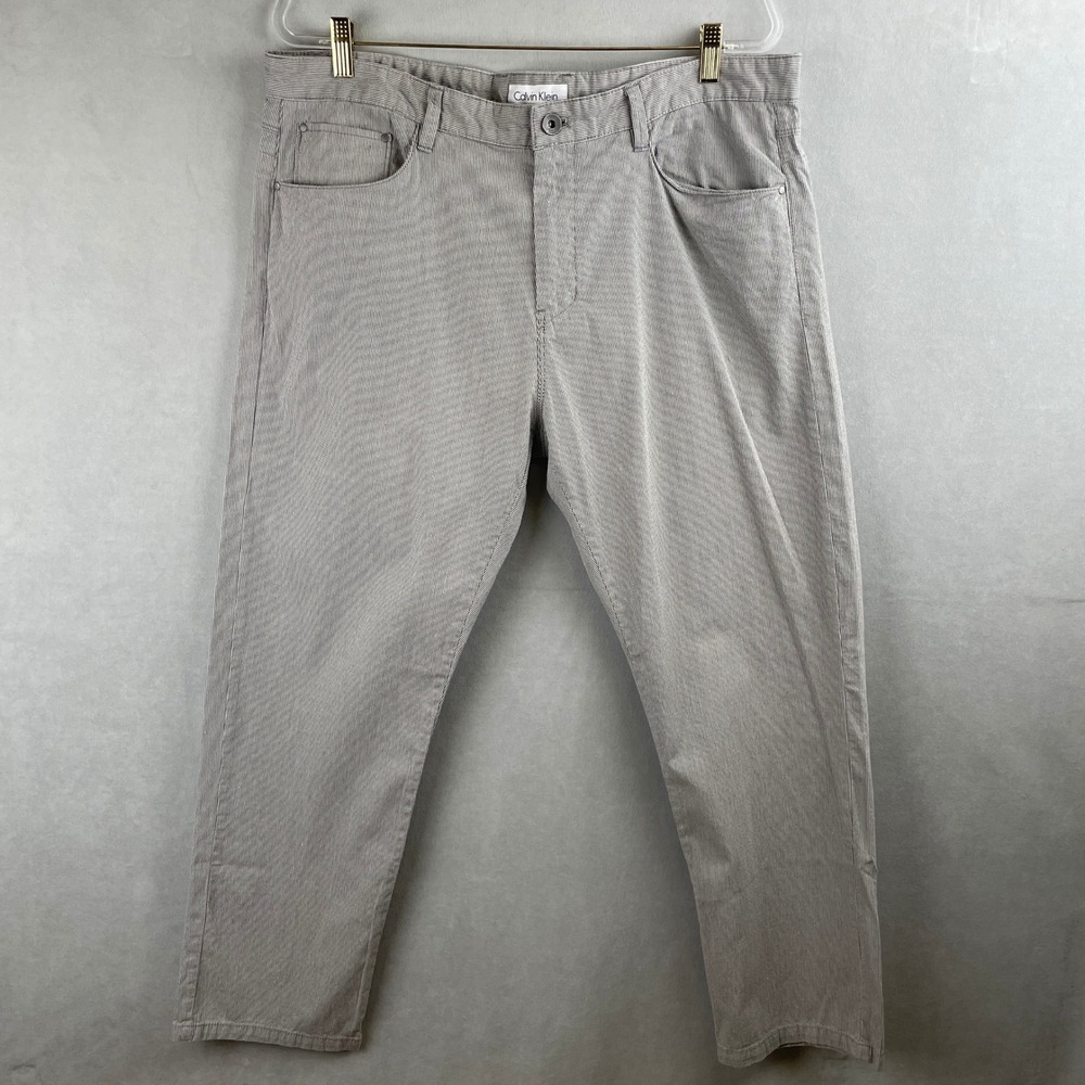 Calvin Klein Mens Grey White Micro Stripe Straight Leg Cotton Pants 38x30 Preppy